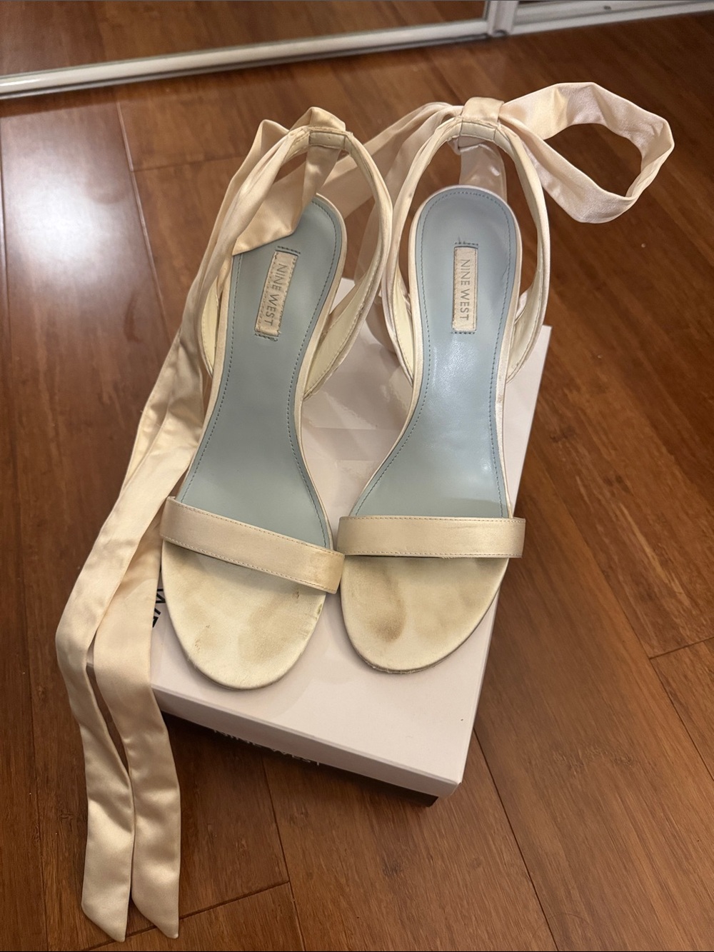 Nine West Kelsie Satin Lace-Up Sandal in Ivory